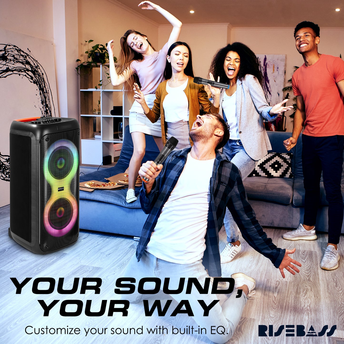 Portable Karaoke Machine with 2 Wireless Mics, Daul 8" Speakers, LED Lights, PA System, Remote, Bass/Treble Adjustment, SD Card/USB, REC Rolling Wheels and Trolley, Auto ducking Function.