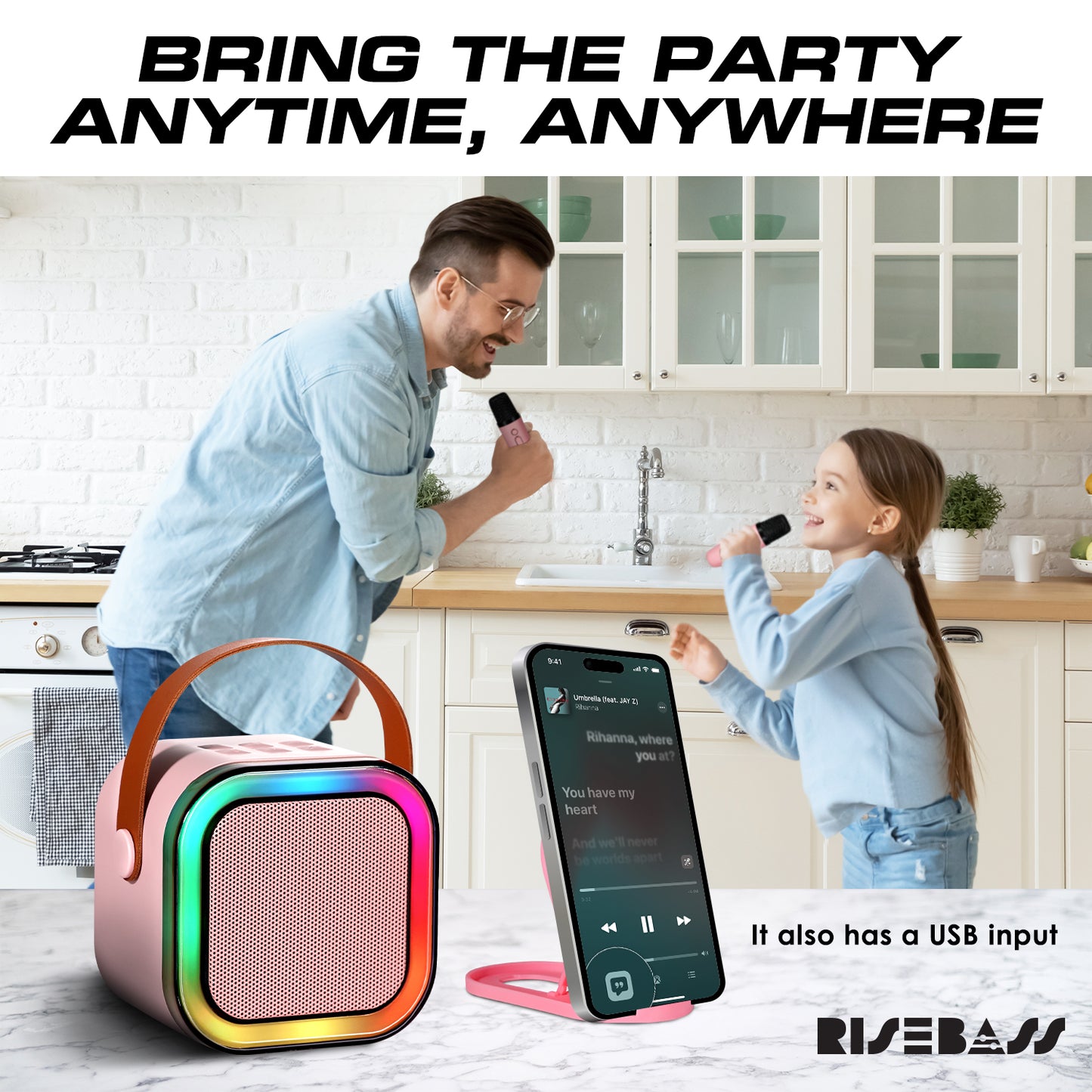 Risebass Mini Karaoke Machine for Kids Adults, Portable Bluetooth Speaker with 2 Wireless Microphones, Toys Birthday Gifts for Girls Years Old Toddler Teens.