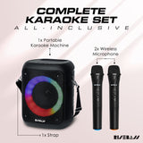 Risebass Portable Karaoke Machine with 2 Wireless Microphones - Bluetooth Rechargeable Speaker with USB/SD/TF Card Support, AUX-in, Tripod Screw Mount and Phone Slot.