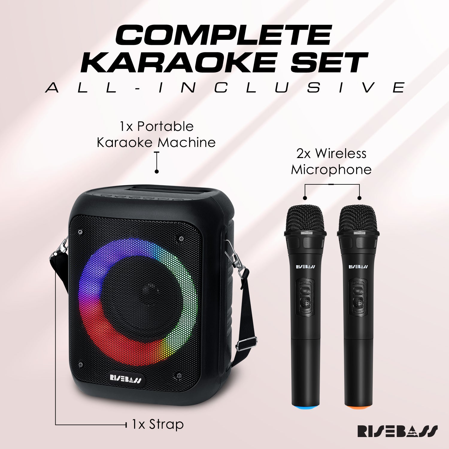 Risebass Portable Karaoke Machine with Microphone - Home Karaoke System  with Party Lights for Kids and Adults - Rechargeable USB Speaker Set with  FM